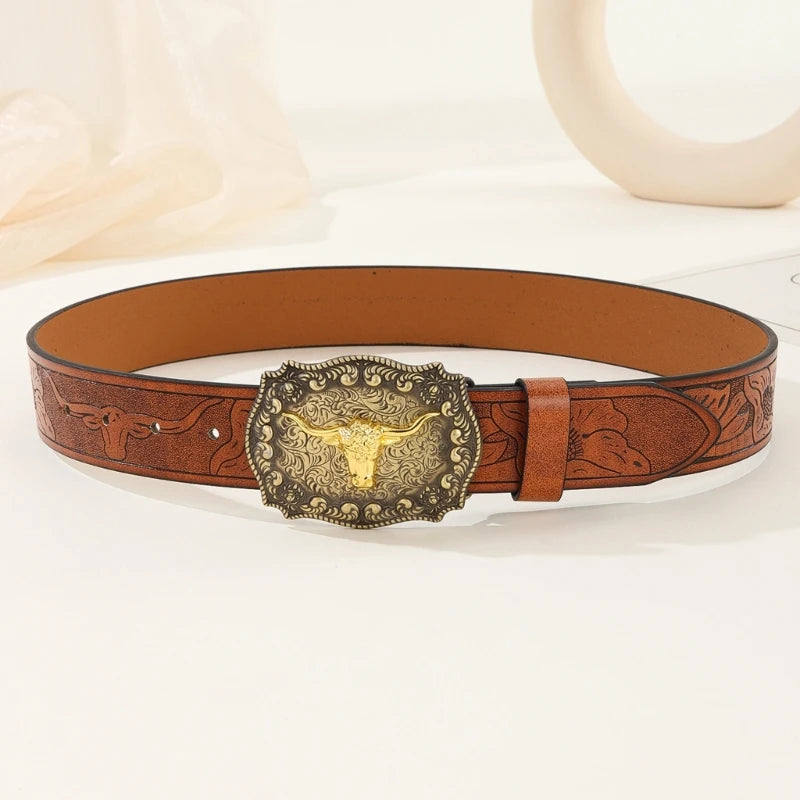 JEAN'S FRIEND Fibbia Cintura Western Ovale Vintage: Smalto Blu Longhorn Bull In Lega Di Zinco, Larghezza 40 Mm